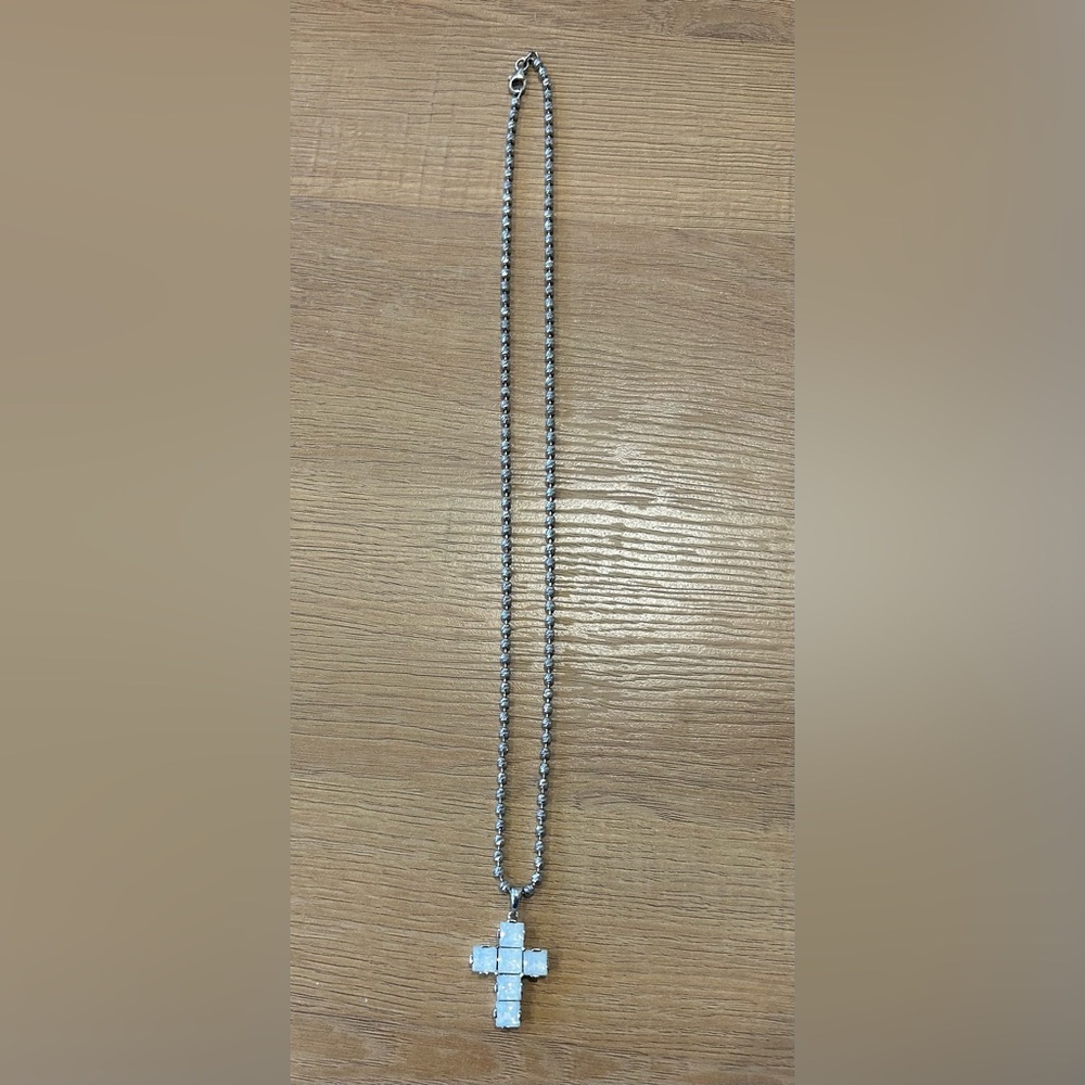 Vintage Silver Beaded Ball Chain With Square Opalescent Stones Cross Necklace